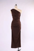 The Kirsty One Shoulder Ruched Maxi Dress - Chocolate