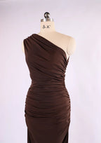 The Kirsty One Shoulder Ruched Maxi Dress - Chocolate