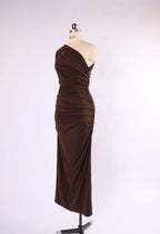The Kirsty One Shoulder Ruched Maxi Dress - Chocolate