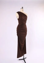 The Kirsty One Shoulder Ruched Maxi Dress - Chocolate