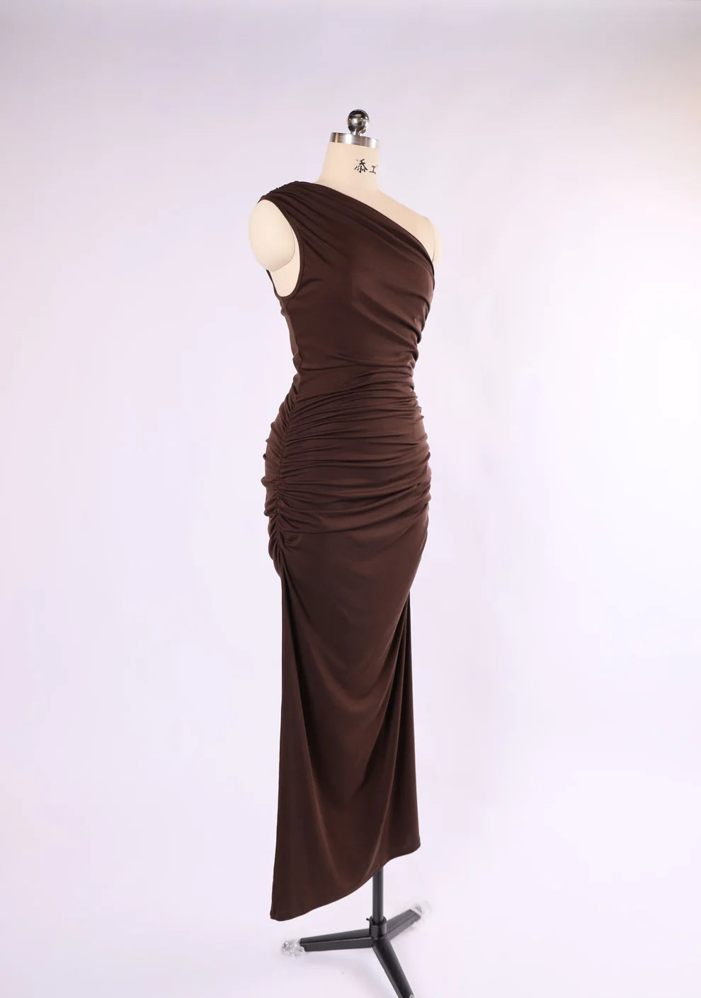 The Kirsty One Shoulder Ruched Maxi Dress - Chocolate