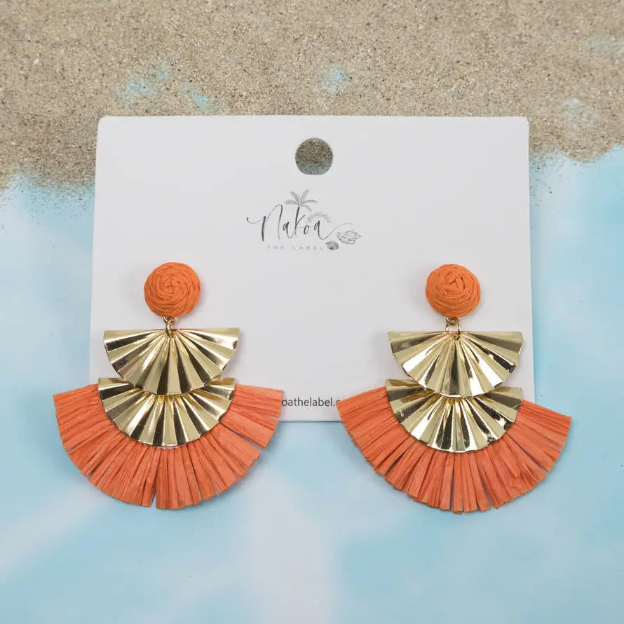 Geometric Gold & Raffia Earrings - Orange