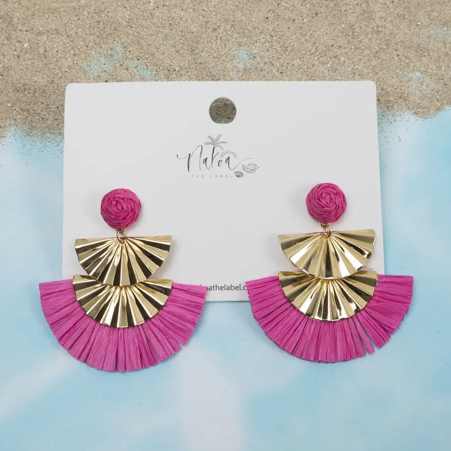 Geometric Gold & Raffia Earrings - Bubblegum Pink