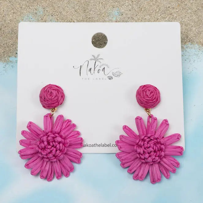 Daisy Flower Raffia Earrings - Bubblegum Pink