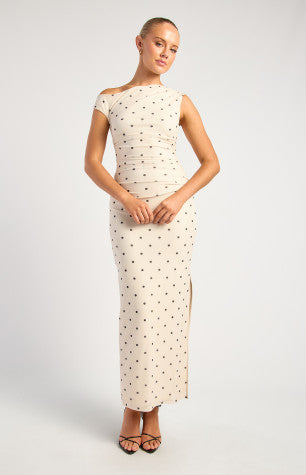Polkadot Print Asymmetric Neckline Mesh Dress – Cream/Black