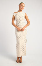 Polkadot Print Asymmetric Neckline Mesh Dress – Cream/Black