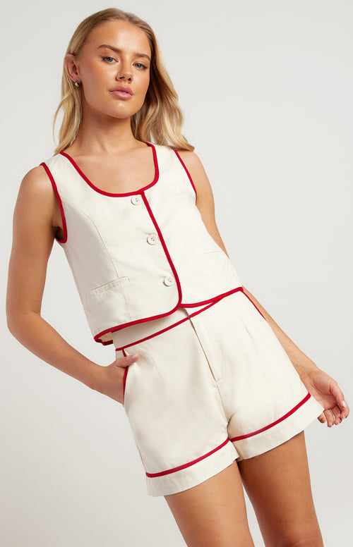 Contrast Detail Cotton Linen Shorts - Beige/Red