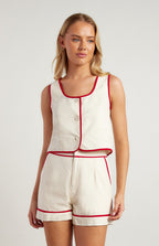 Contrast Detail Cotton Linen Vest Set – Beige/Red