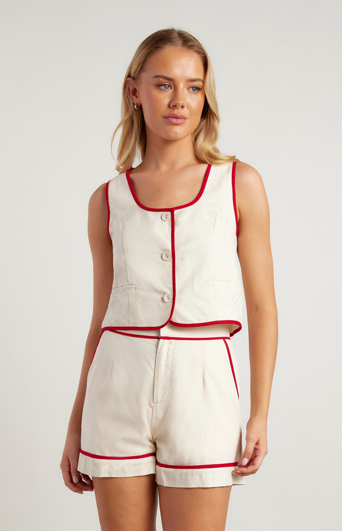 Contrast Detail Cotton Linen Vest Set (Shorts Only) – Beige/Red