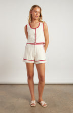 Contrast Detail Cotton Linen Vest Set – Beige/Red