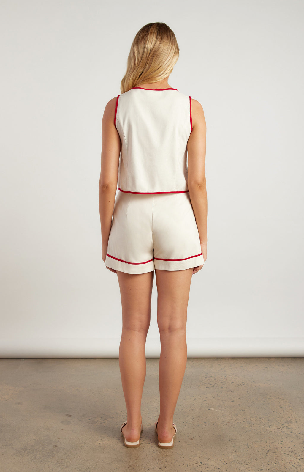 Contrast Detail Cotton Linen Vest Set – Beige/Red