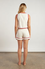 Contrast Detail Cotton Linen Vest Set – Beige/Red