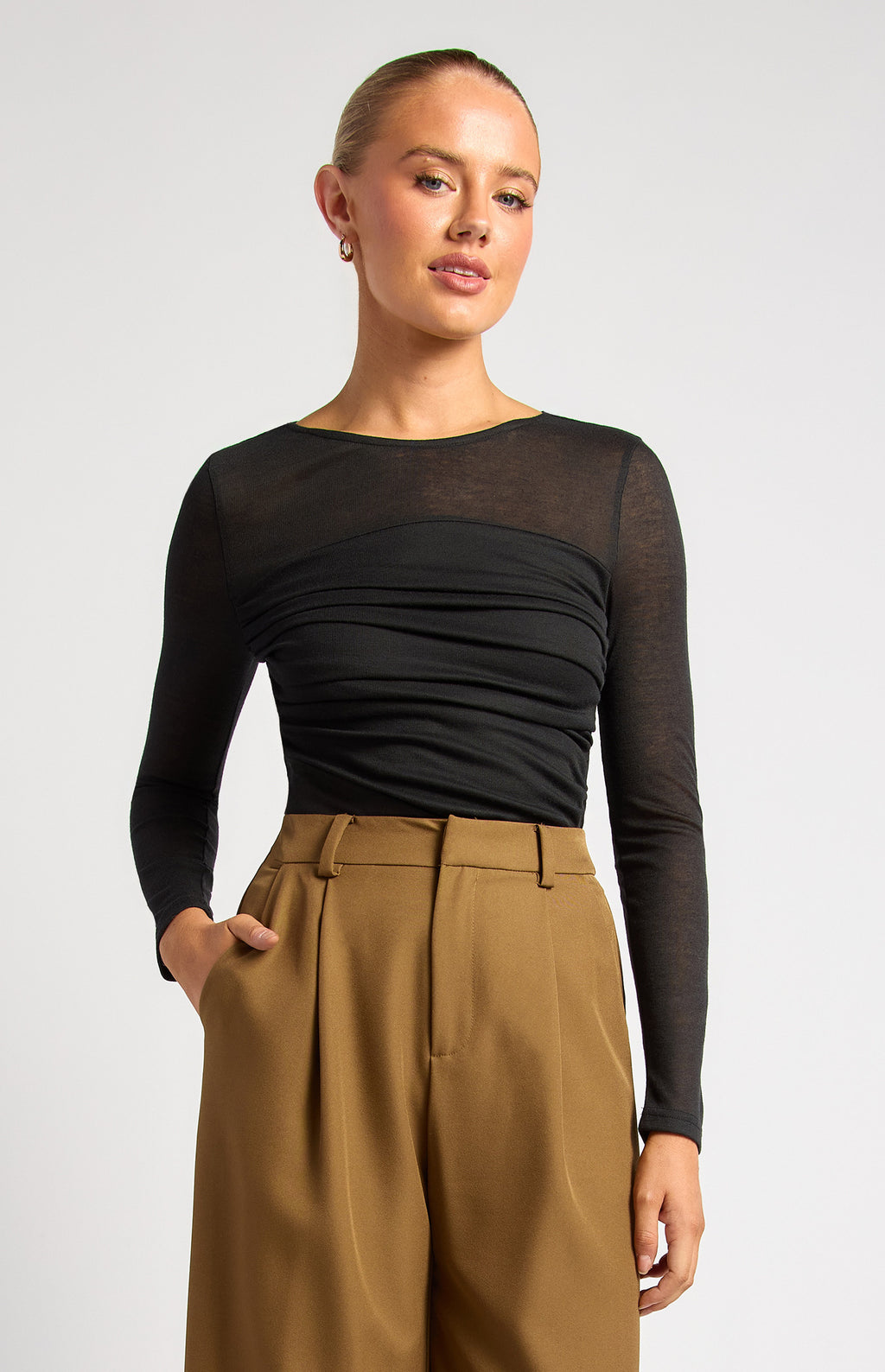 Ruched Long Sleeve Top – Black