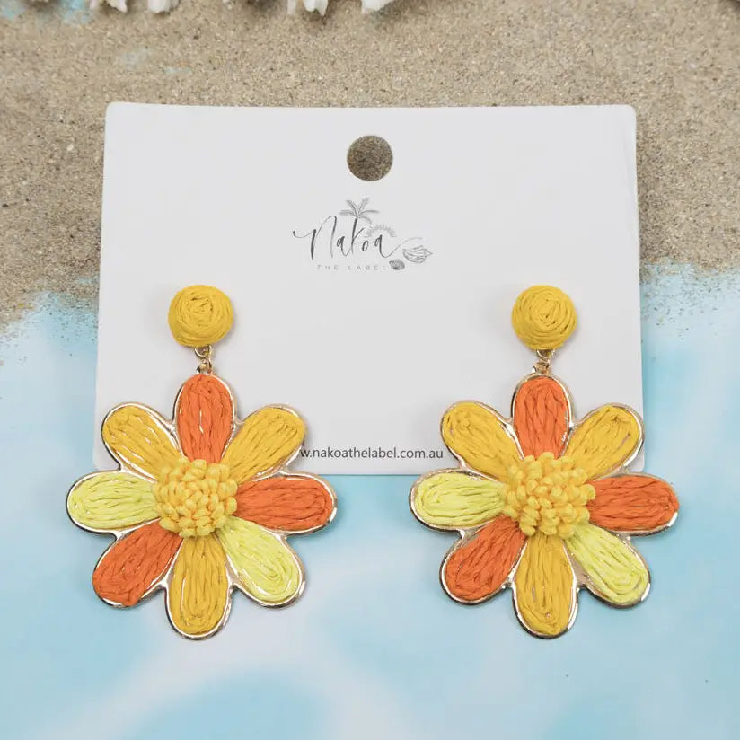 Daisy Delight Raffia Earrings - Yellow + Orange
